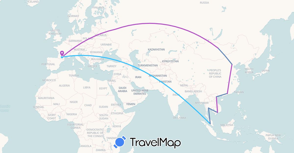 TravelMap itinerary: driving, cycling, train, boat in China, France, Cambodia, Mongolia, Malaysia, Russia, Thailand, Vietnam (Asia, Europe)